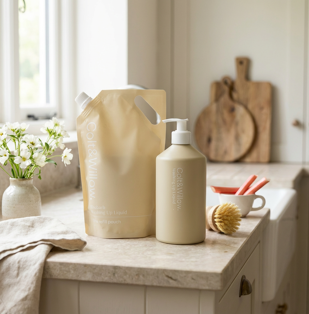 Beige refillable bottle and pouch on a kitchen counter with wooden cutting boards in the background.